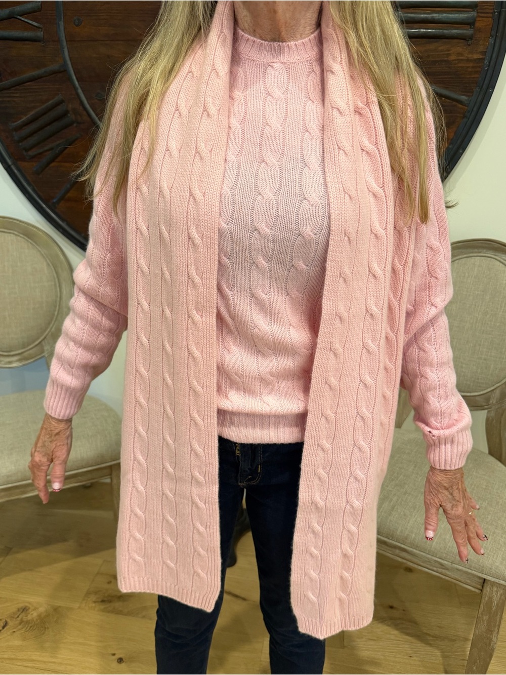Brooks Brothers Pink Cable-Knit Sweater with Matching Scarf 100% Cashmere